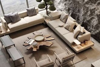 create 3d interior design, realistic rendering, floor plan and room design
