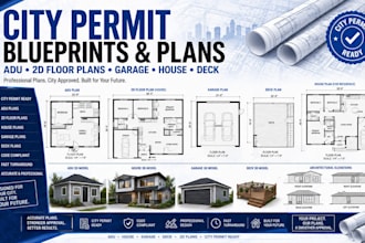 design city permit blueprints, 2d floor plans, adu, house, garage and deck plans