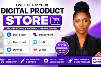 setup stan store, beacons ai, gumroad, payhip, kofi, whop digital product store