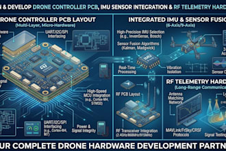 develop drone controller pcb, imu sensor integration, rf telemetry hardware