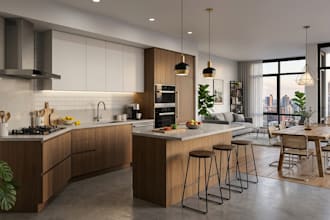 create realistic 3d interior visualization for kitchen and apartment