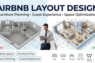 design airbnb interior, property layout with functional furniture planning