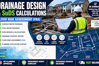 prepare drainage design, suds calculations and flood risk assessment for UK plan