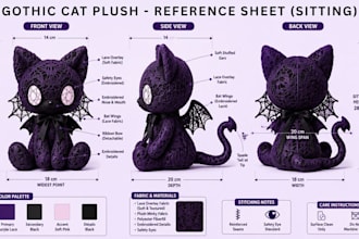 design a custom plush reference sheet for plush toy or stuffed animal