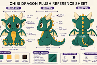 design a custom plush reference sheet for plush toy or stuffed animal