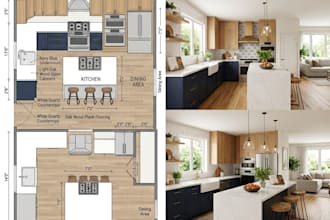 design kitchen interior, kitchen cabinets, floor plan and 3d rendering