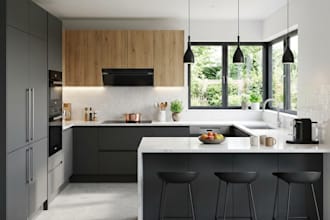 design modern kitchen interior, cabinet layout and realistic 3d rendering