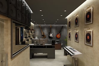 design realistic 3d recording studio, music studio and podcast room interiors
