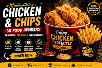 create realistic 3d chicken and chips food renders for your brand