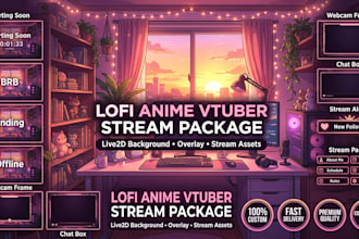 design custom lofi anime vtuber stream package, live2d background and overlays