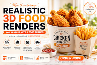 create realistic 3d food renders for restaurants and