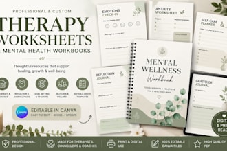 create canva therapy worksheets journals, infographic, mental health workbooks