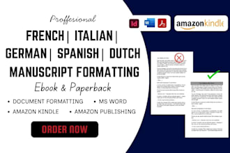 design format french, spanish, italian, german manuscript, book layout design