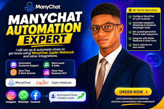 fix, setup make com automate chats and get leads,  zapier webhook with manychat