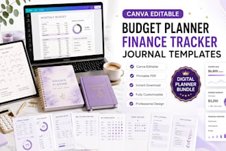 create budget planner, finance tracker, journal templates, canva design