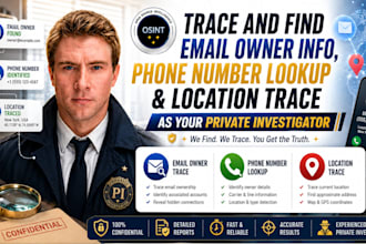 trace and find email owner info, phone number lookup and location trace as pi