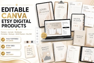 design editable canva etsy digital products, mockups, and adhd planners