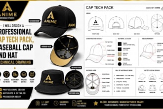 design a professional cap tech pack, baseball cap and hat technical drawing