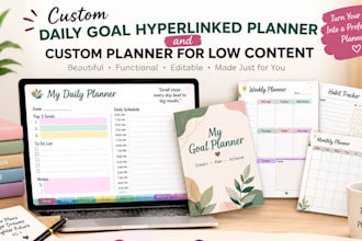 create custom daily goal hyperlinked planner and custom planner for low content