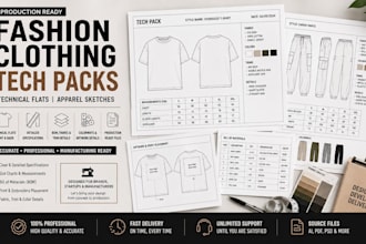 create fashion clothing tech packs, technical flats and apparel sketches