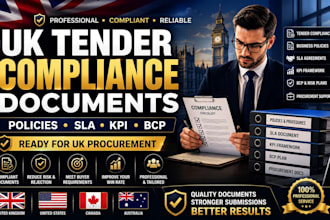 create UK tender compliance, policies, sla, KPI, bcp and procurement documents
