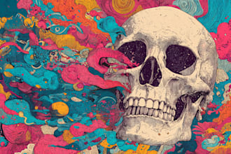 design artwork psychedelic, comic, skull for skateboards