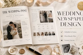 create a wedding newspaper and magazine style invitation in canva