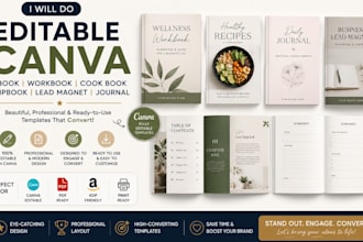 do editable canva ebook, canva workbook, cook book, flipbook leadmagnet journal