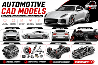 create automotive cad models, car parts, chassis, engine and manufacturing files