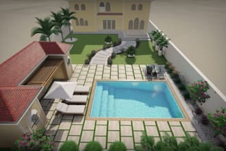 design landscape 3d rendering, garden, backyard, frontyard, pool, patio