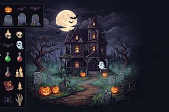 create halloween pixel art environments and game sprites