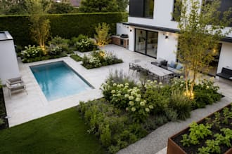 design german residential garden with zoning plan, plant list, 3d visualization
