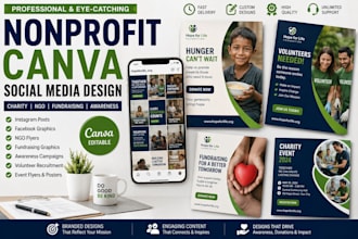 design nonprofit canva socia media post charity, ngo flyer, fundraising graphics