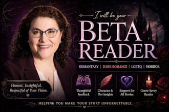 be your romantasy dark romance igbtq, horror beta reader, fantacy thriller novel