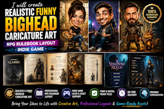 create realistic funny bighead caricature art, rpg rulebook layout, indie game