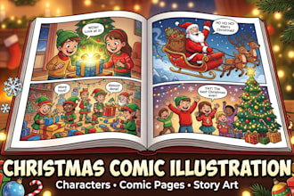 create christmas comic book illustrations and characters
