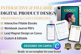 design interactive fillable ebook, workbook journal pdf lead magnet on canva
