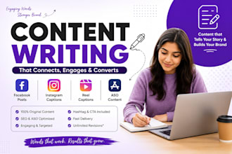 write facebook, instagram posts, reels captions, aso content