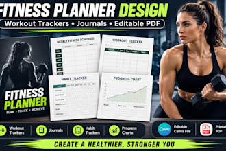 design fitness planner, workout tracker, journal templates, editable pdf
