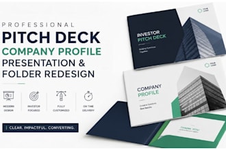 design investor pitch deck, company profile, presentation, folder redesign