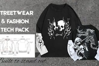 create custom streetwear tshirt design, graphic for brands and fashion tech pack