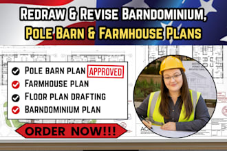 redraw and revise barndominium, pole barn, farmhouse floor plans