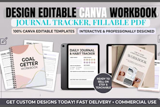design editable canva workbook, journal tracker booklet fillable PDF