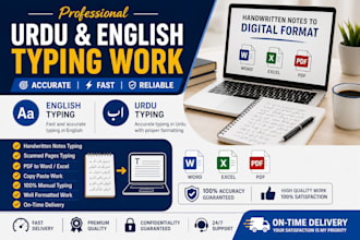 do english and urdu typing, PDF to word, and handwritten notes typing