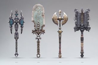 create detailed 2d weapons with an epic style