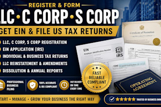 register llc, c corp, s corp, get ein and file us tax returns
