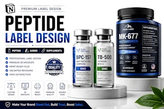 design peptide, vial, product label,  peptide sarms supplement label 3d mockup