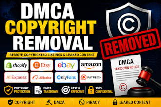 remove delete copyrighted  listings from shopify, etsy, ebay, amazon, fb by dmca