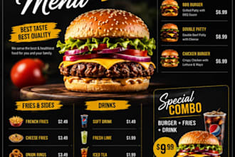 create a professional food menu, burger menu and flyer