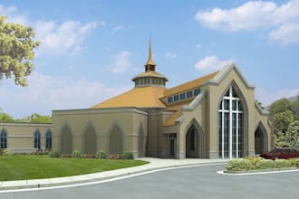 design a unique church facade, exterior, and 3d architectural visualization